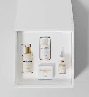 Coffret Imperfections Biologique Recherche ouvert avec Lait S.R., Lotion P50, Sérum Iso-Placenta et Crème Dermopurifiante