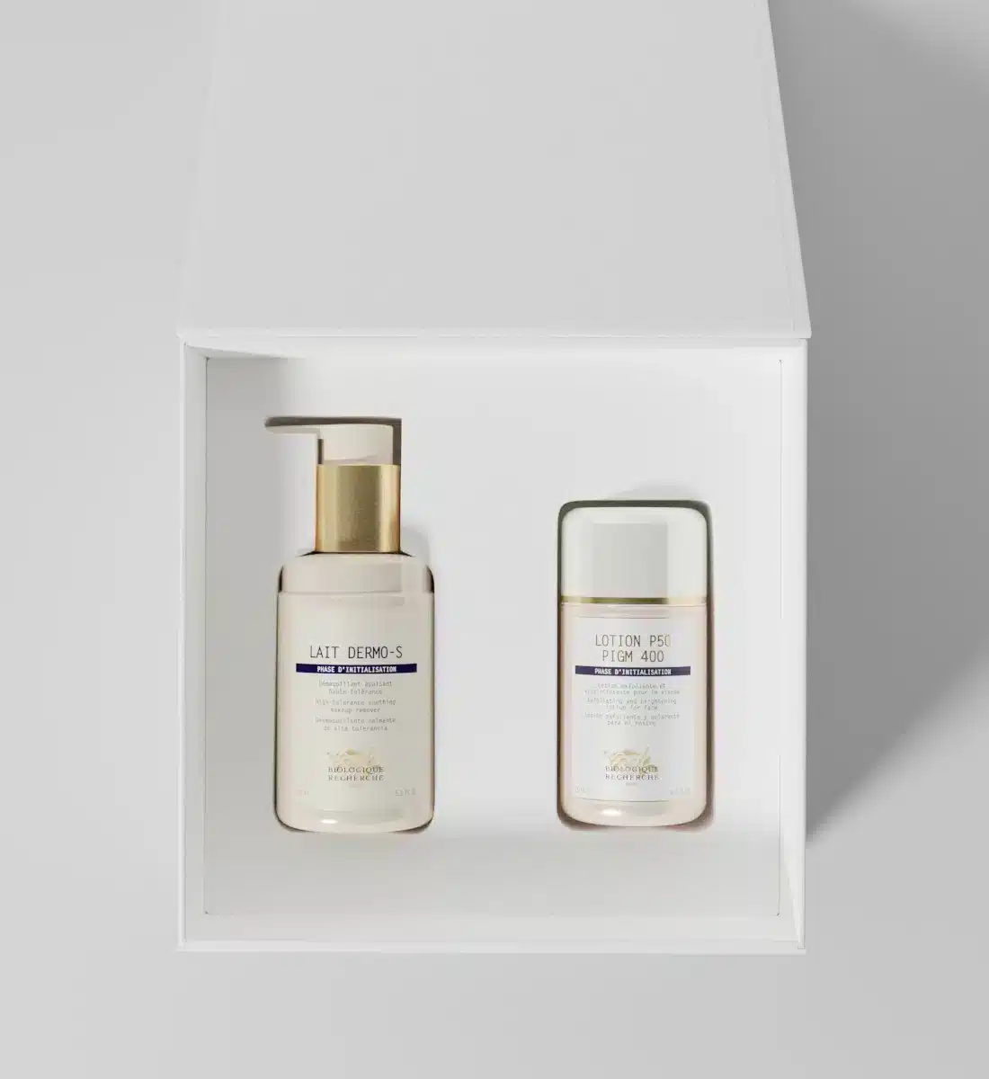 Coffret Duo Hydratation Biologique Recherche ouvert avec Lait DERMO-S et Lotion P50 PIGM 400
