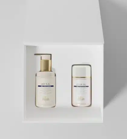 Le Duo Imperfections Biologique Recherche : coffret ouvert avec Lait S.R. et Lotion P50 face anti-imperfections